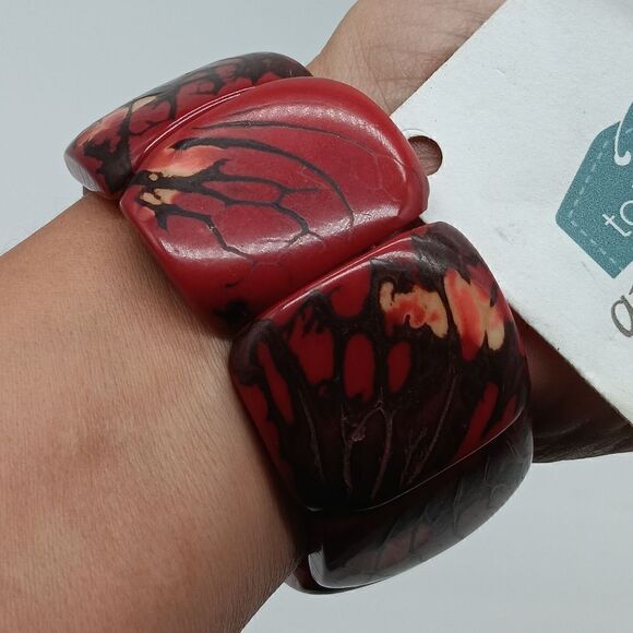 NATURAL HANDCUT Polished 1.25 inch Tagua Nut Red & Black Bracelet - Picture 12 of 15